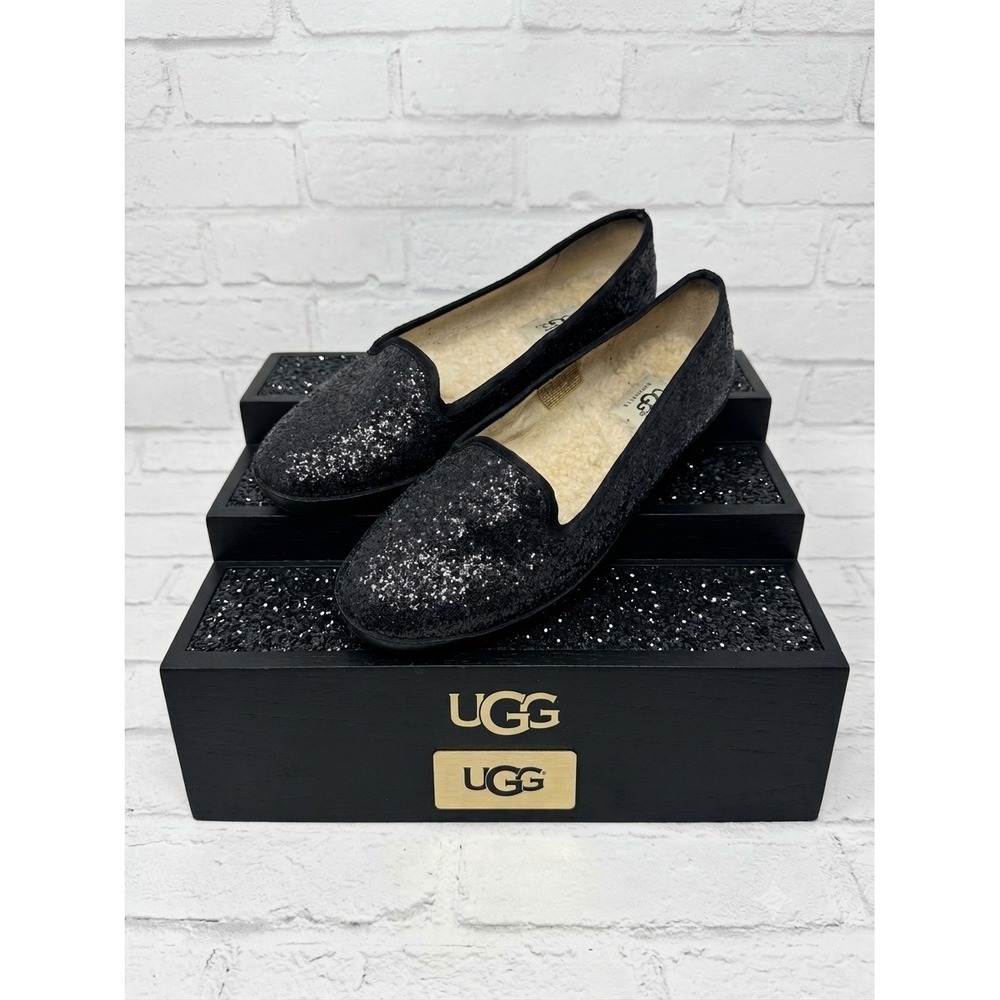 UGG Black Glitter Sparkle Smoking‎ Slippers Fleece Lined Flats Whimsigoth Glam